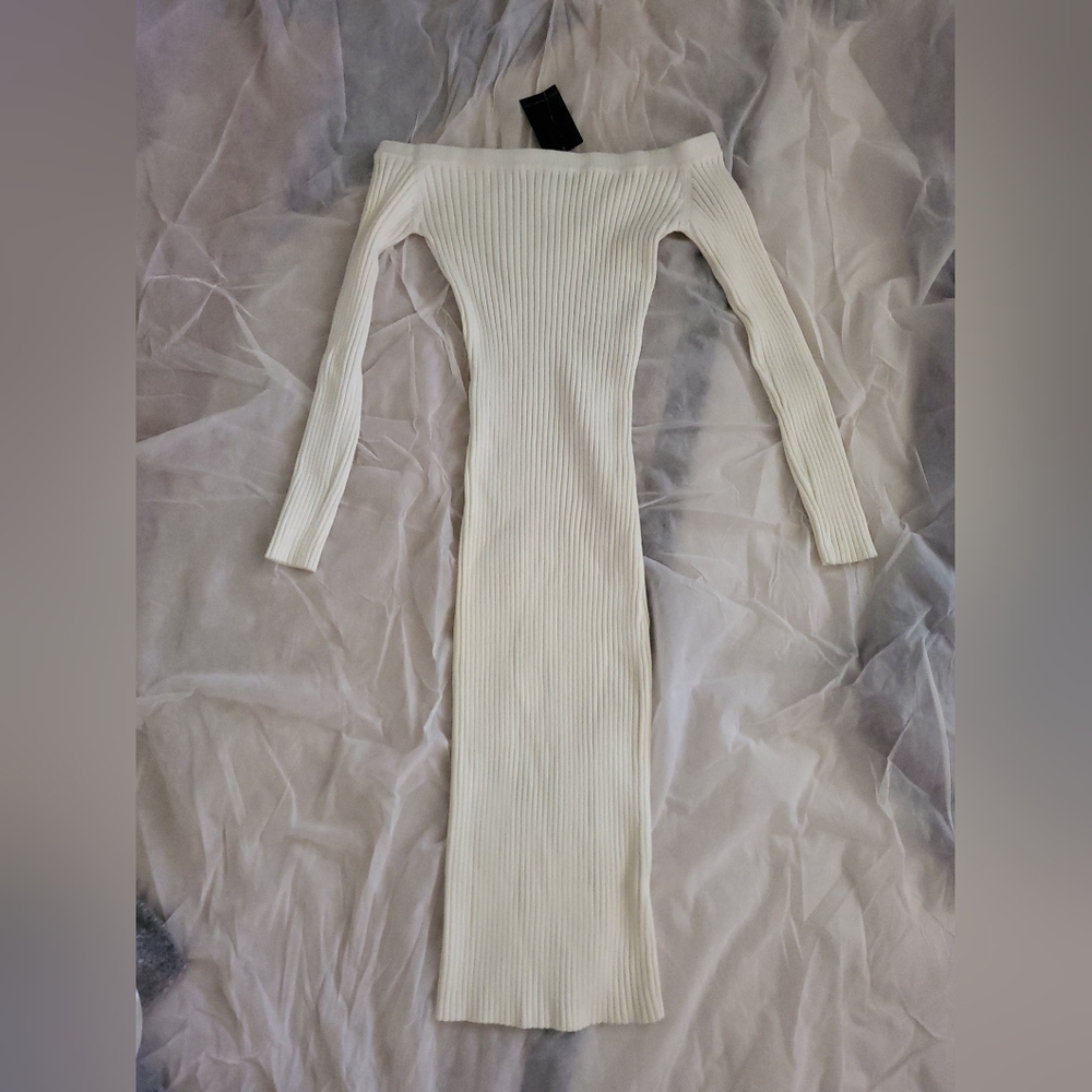 JLux Off-the-Shoulder White Knit Dress